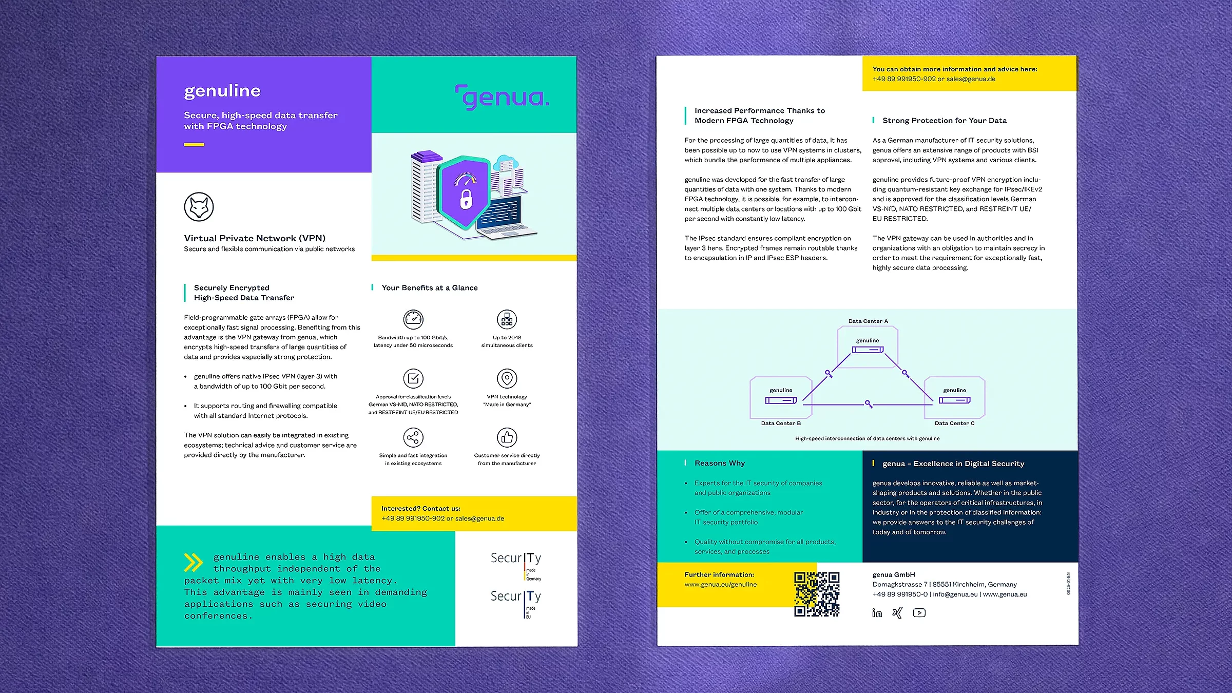 Vorder- und Rückseite des genua-Produktflyers zur VPN-Lösung genuline