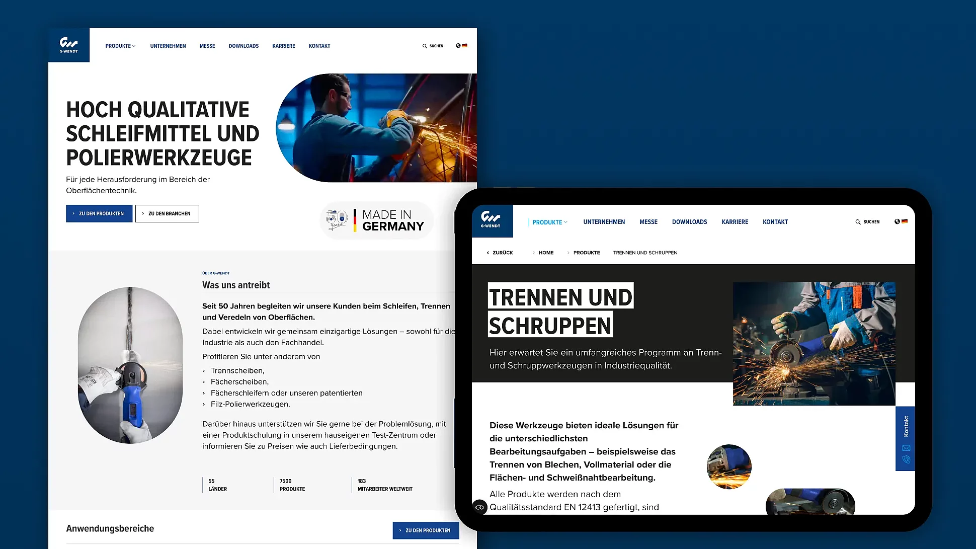G-WENDT-Website für Schleifmittel und Polierwerkzeuge in Desktop- und Tabletansicht