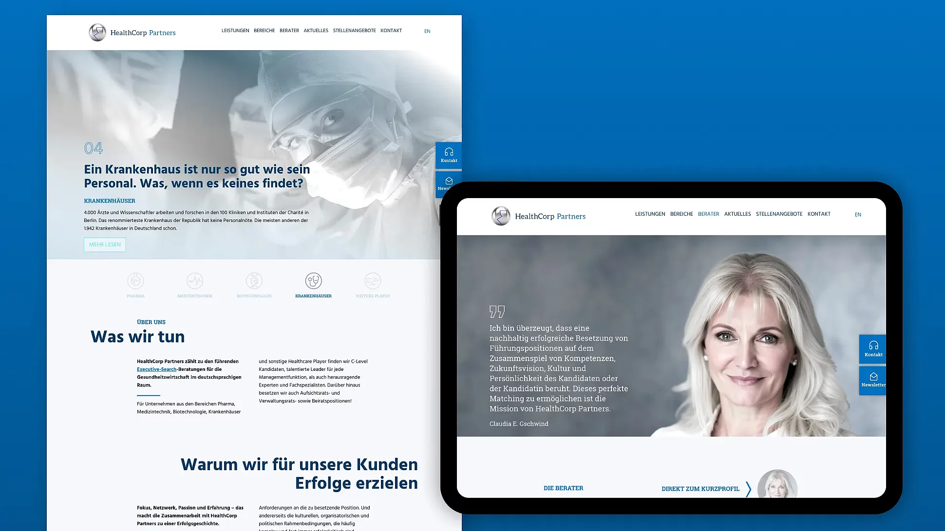 HealthCorp-Partners-Website in der Desktop- und Tabletansicht