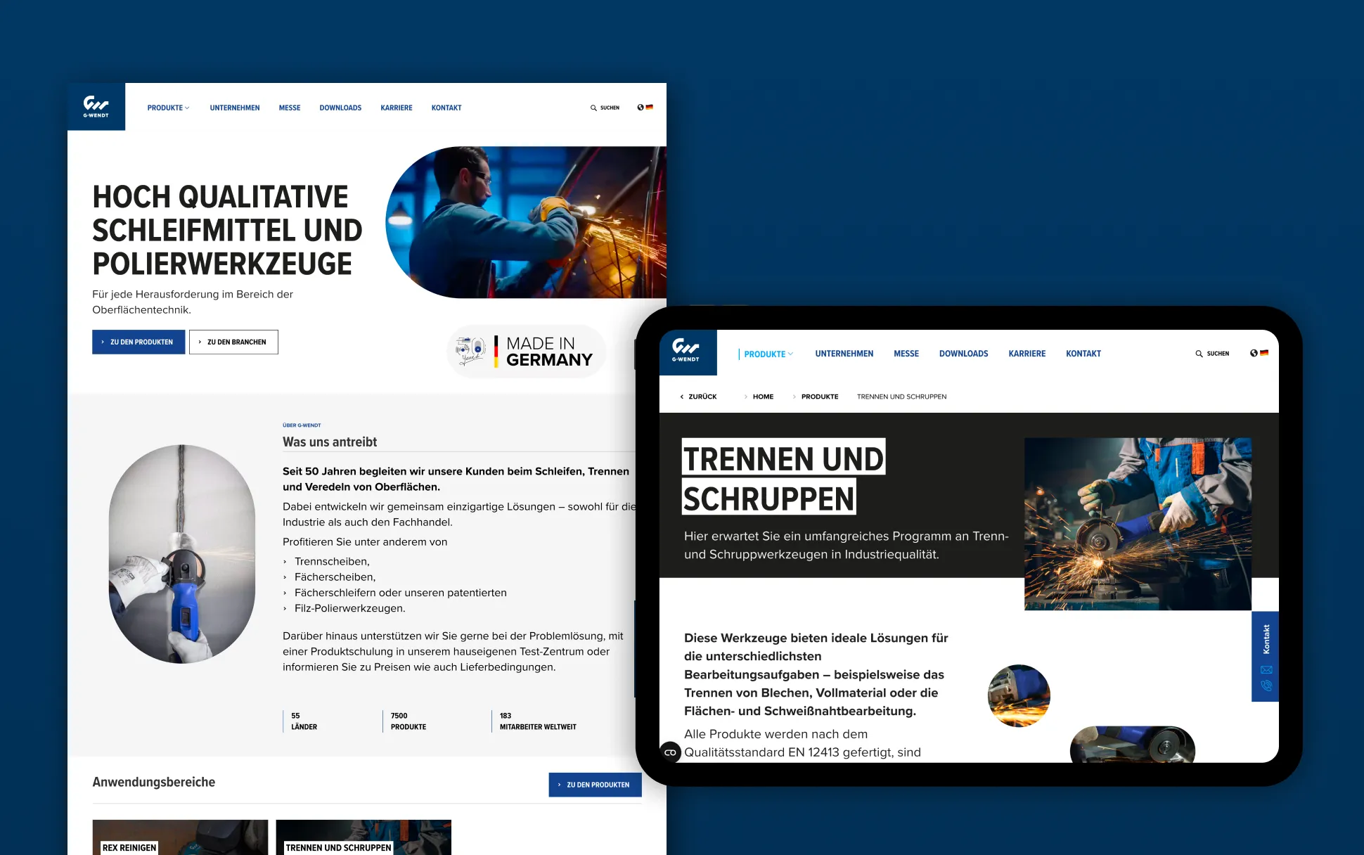 G-WENDT-Website für Schleifmittel und Polierwerkzeuge in Desktop- und Tabletansicht