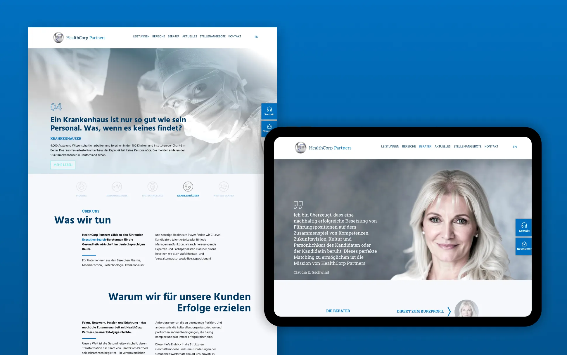 HealthCorp-Partners-Website in der Desktop- und Tabletansicht